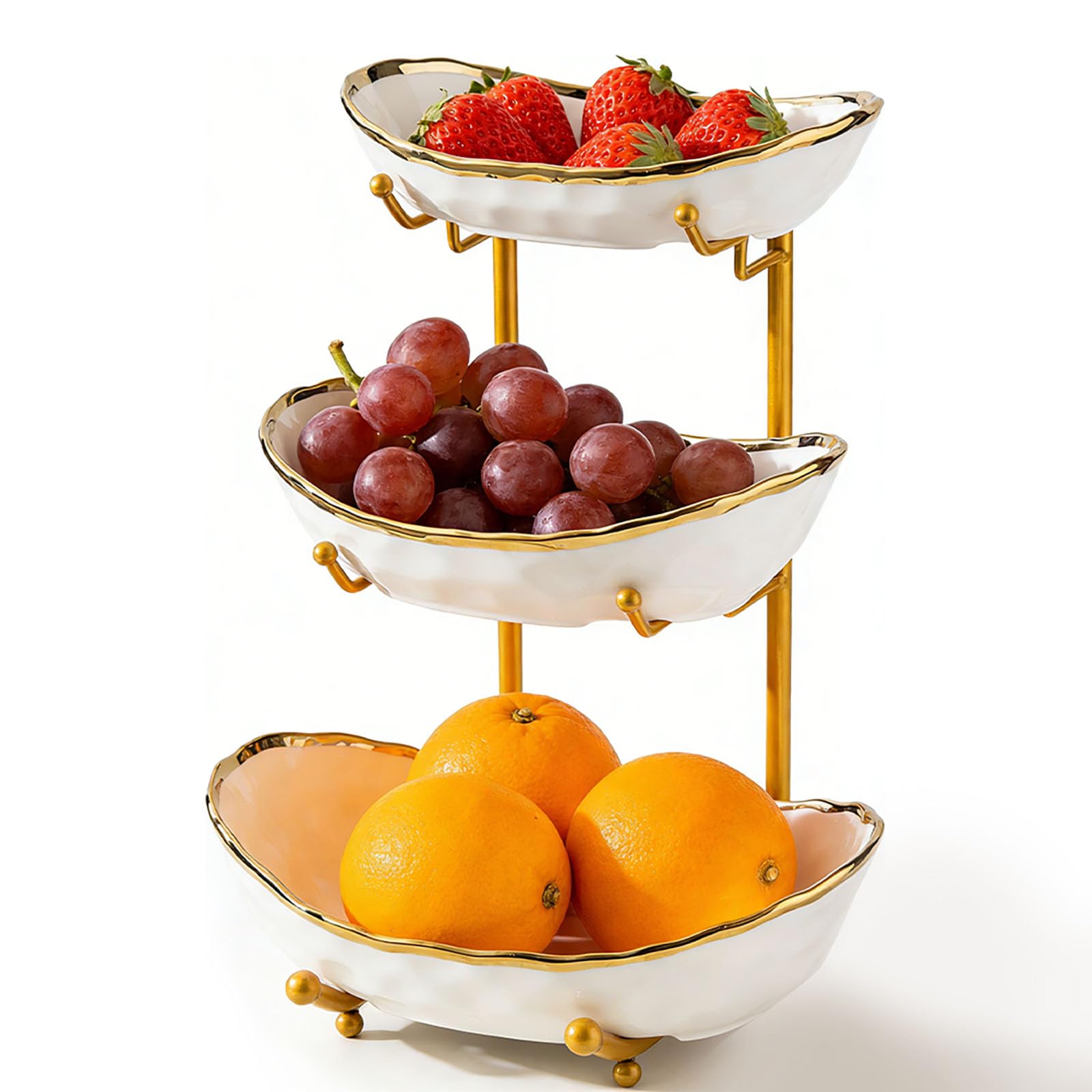 Cestino per Frutta Fruttiera 3 Ripiani in Ceramica, Portafrutta con Supporto in Metallo, Piano Cucina, Portafrutta per Frutta, Verdure, Dessert, Dolci, Bianco