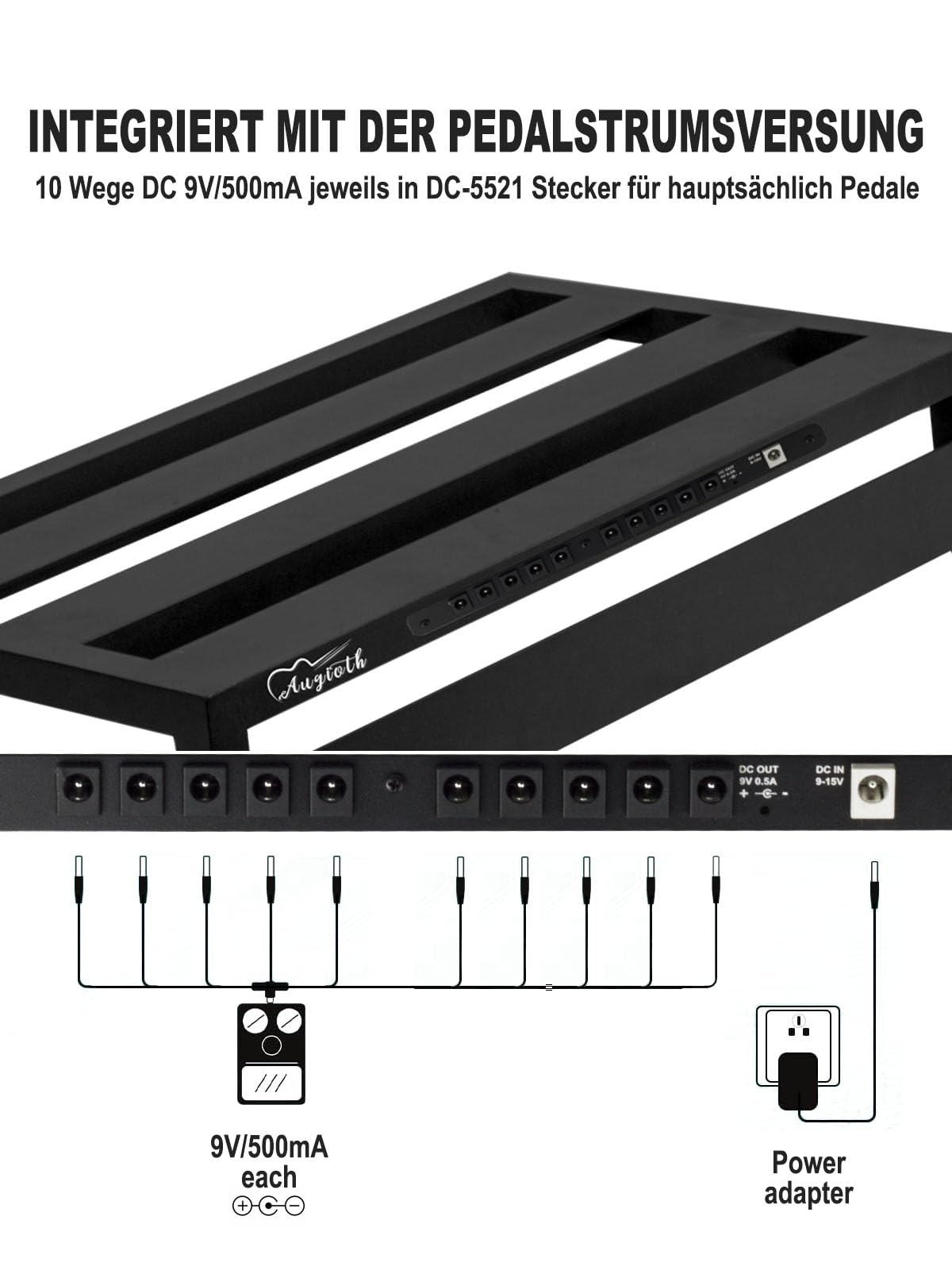 Großes Pedalboard mit case & 10-fach isolierter Stromversorgung (50x30x10cm) - Professionelles Aluminium-Board mit rauschfreien Ausgängen - Ideal für Gitarren- und Bass-Effektpedale