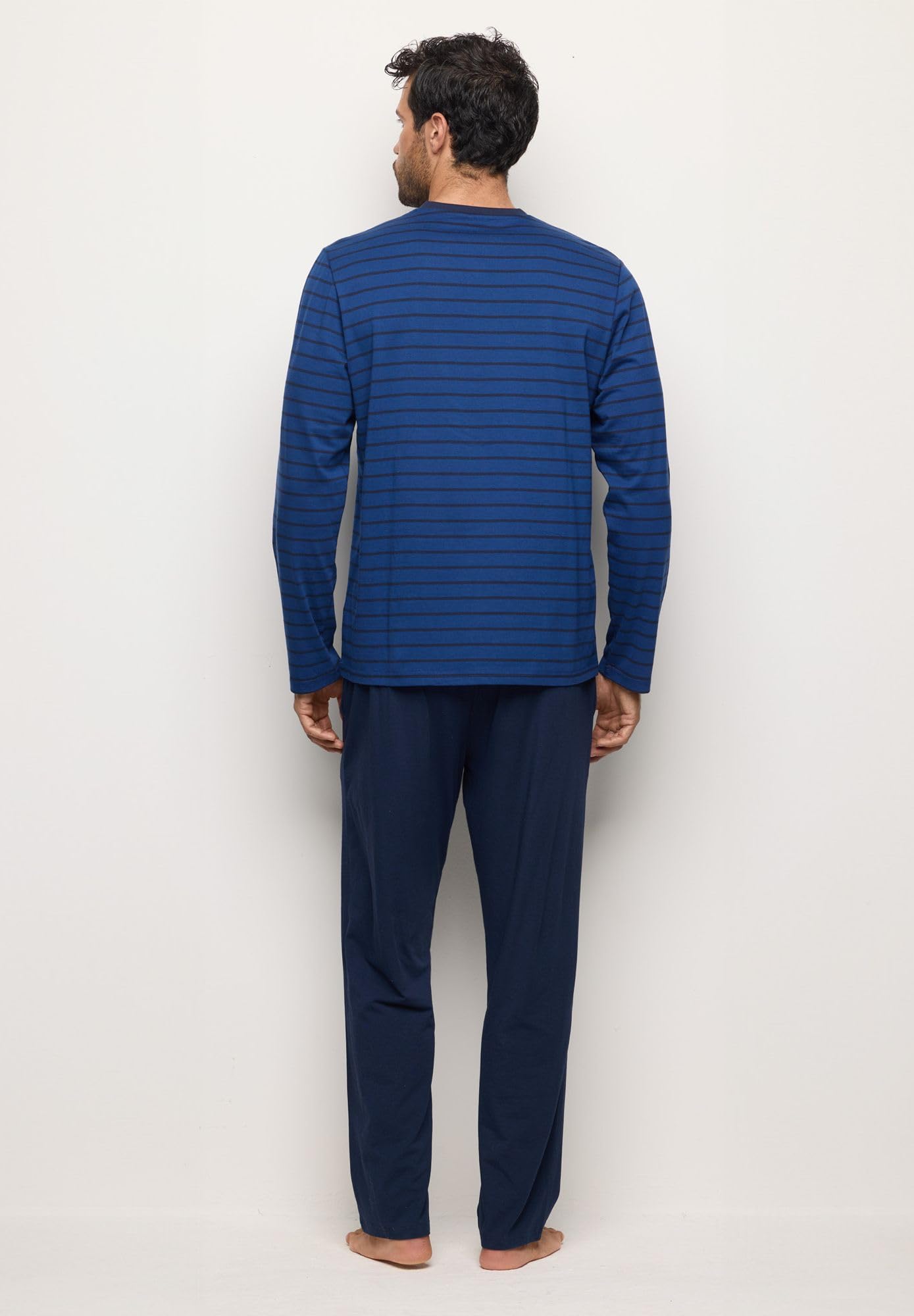 YAMAMAY - Pigiama Lungo, Uomo, Blu e Azzurro, 100% Cotton, Maglia in Jersey Tinto Filo. Pantalone in Tela di Cotone, Righe