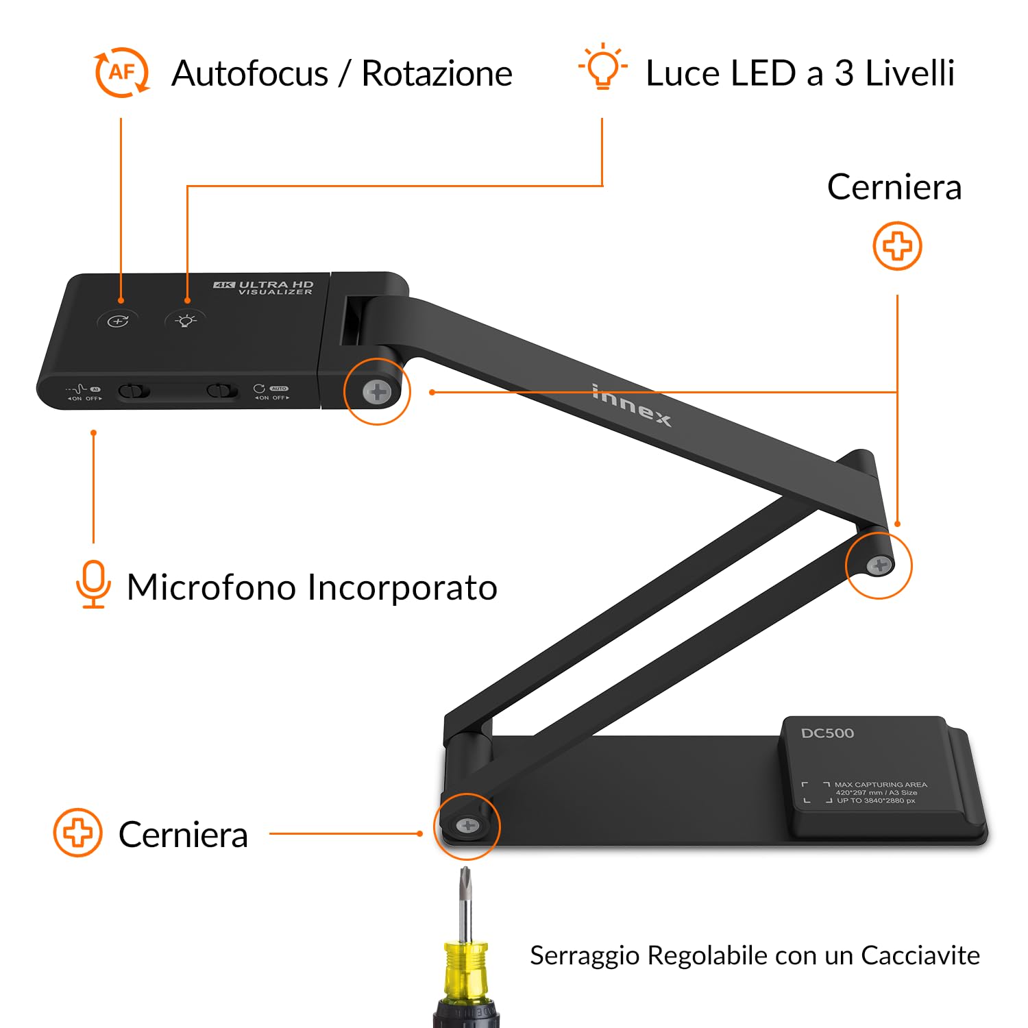 Innex DC500 4K USB Document Camera, Webcam PC e Scanner Documenti 3-in-1 | 16MP, 4K/30 fps, 1080p/60fps, Microfono IA, Doppio Autofocus, Flip Automatico, Luce LED, OCR, per Windows/Mac/Chromebook