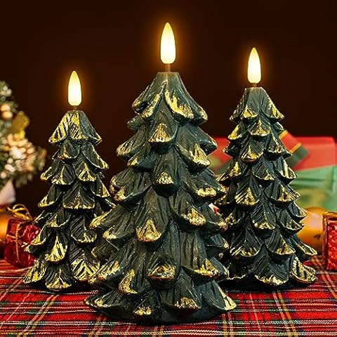 Yongmao Green Christmas Tree Shaped Flickering Flameless Candles with Timer, Real Wax Battery Operated LED Candles for Christmas Home Party Decoration Christmas Gift (Set of 3) Cover