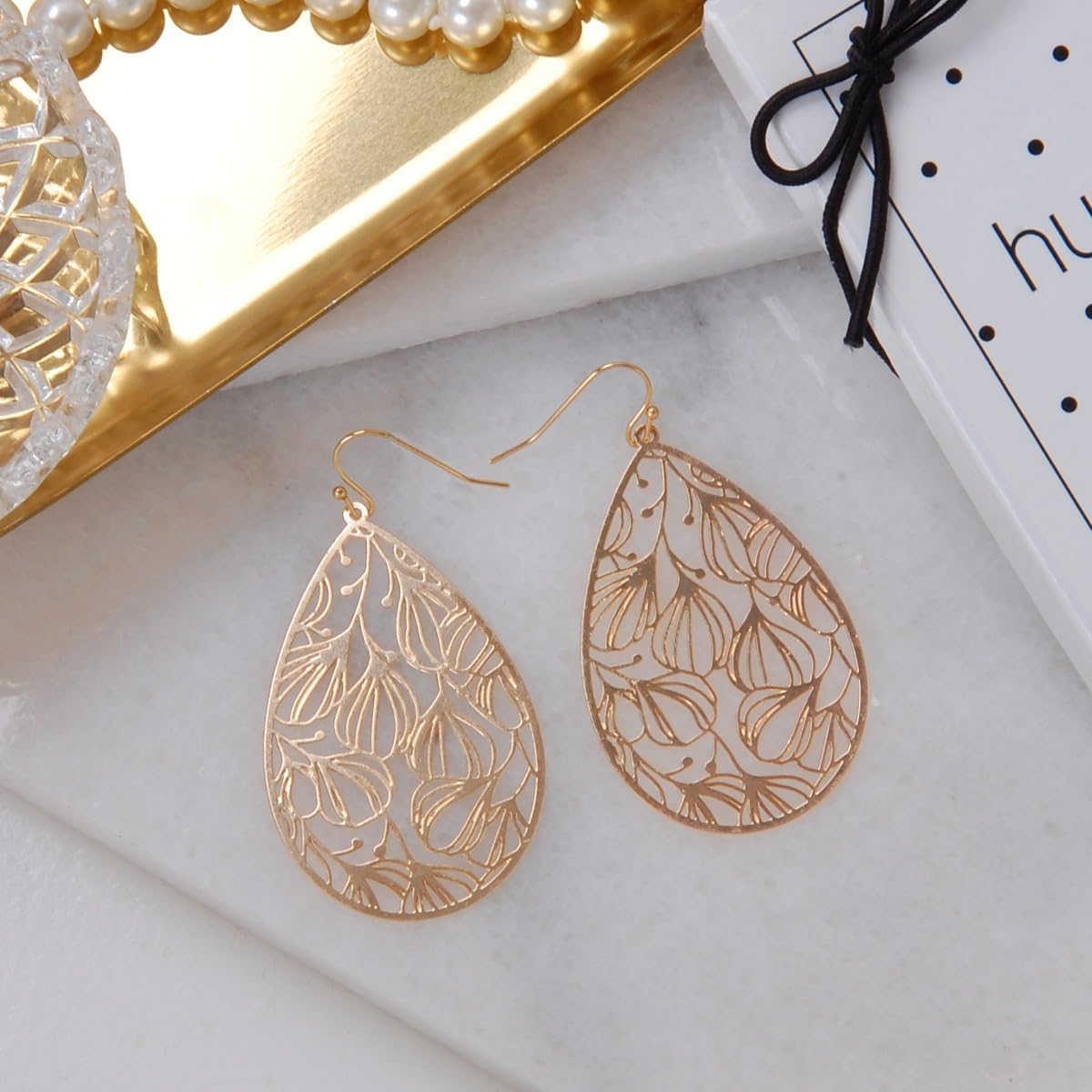 Teardrop Dangle Earrings for Women - Gold, Rose, or Silver Tone Delicate Lightweight Filigree Statement Earrings - Image 7