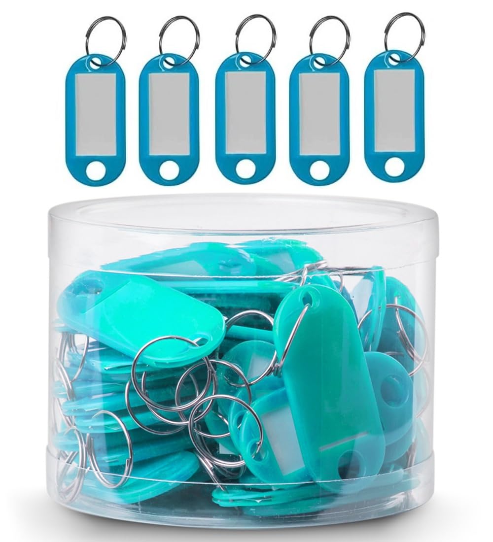 Rubik Plastic Key Tags with Labels 50pcs Pack, Durable Key Rings with Labels For Keys Identification, PET ID, Office, Realestate, Stores, Warehouse (Cyan)