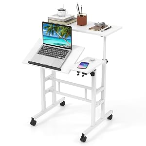 Tangkula Mobile Stand Up Desk Height Adjustable Home Office Desk with Standing Seating 2 Modes Tilting Tabletop Flexible