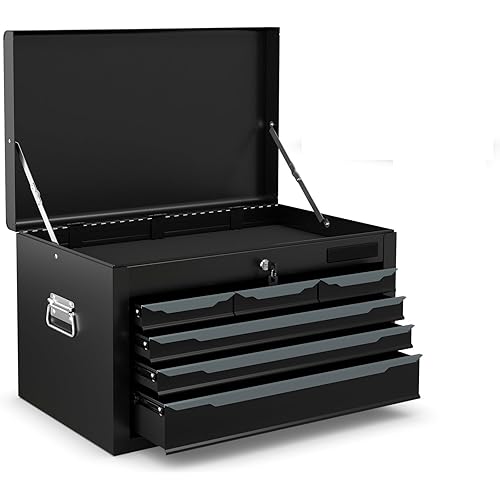 Goplus Tool Box, 24” Steel Tool Chest w/6 Drawers, Top Tool Tray,Automatic Lock, Protective Liners, Handle, Smooth Ball Bearing Sides, Portable Tool Storage Organizer, Toolbox for Garage Workshop