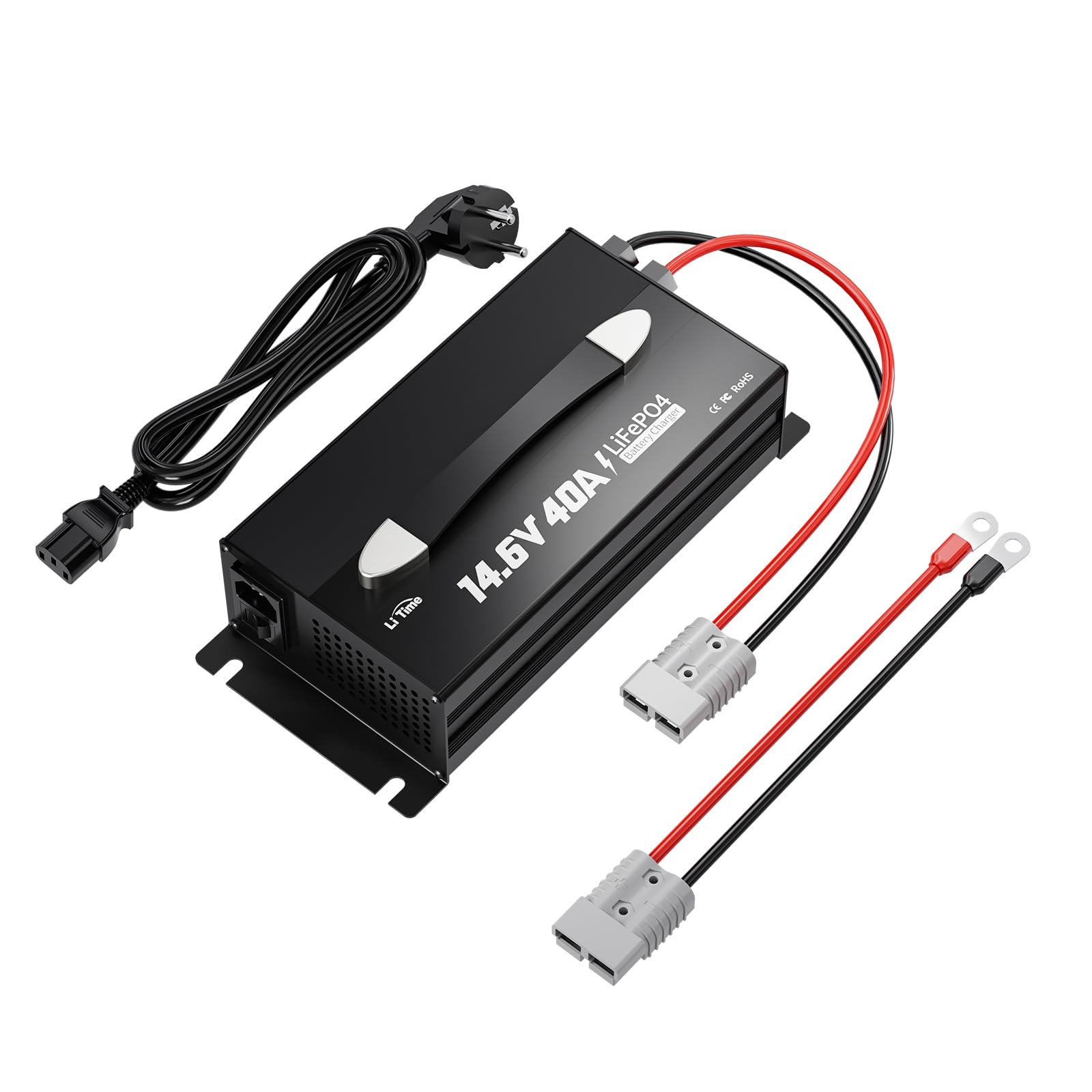 LiTime Cargador de Batería 40A LiFePO4 Litio 14.6V - Cargador Inteligente para Baterías LiFePO4 12V/12.8V – con Indicador LED, Interruptor de Encendido/Apagado y Conector Anderson (CA-CC)