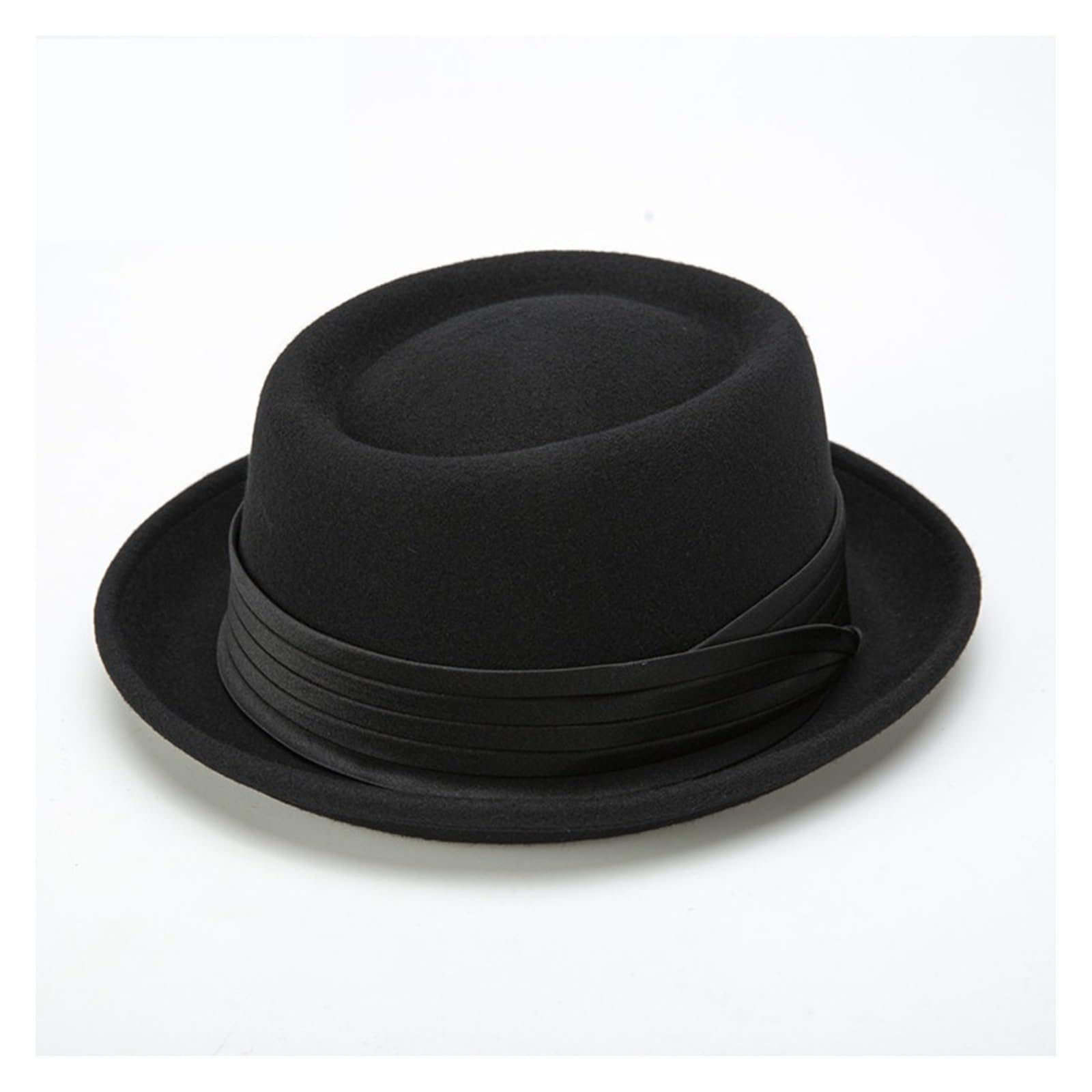 Sombrero Pork Pie de ala enrollada negro for hombre, sombrero Fedora lana blanca, gorra jazz invierno, caballeros Parte Superior Plana(Black,M 56 to 58cm)