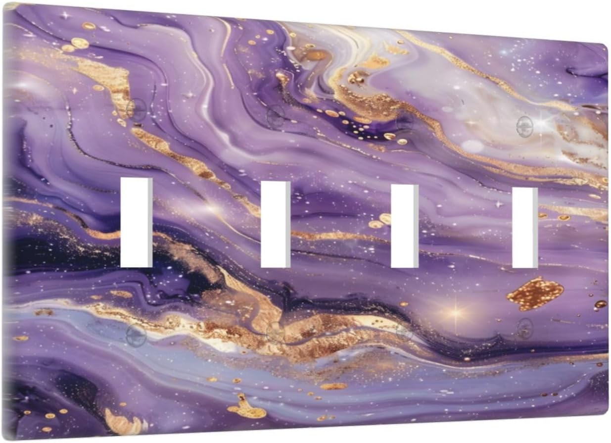 Abstract Purple Gold Marble Texure Luxurious Light Switch Covers Quad Toggle Electrical Faceplate 4 Gang Wall Plate Decorative Switch Plates Cover for Bathroom Living Room Decor