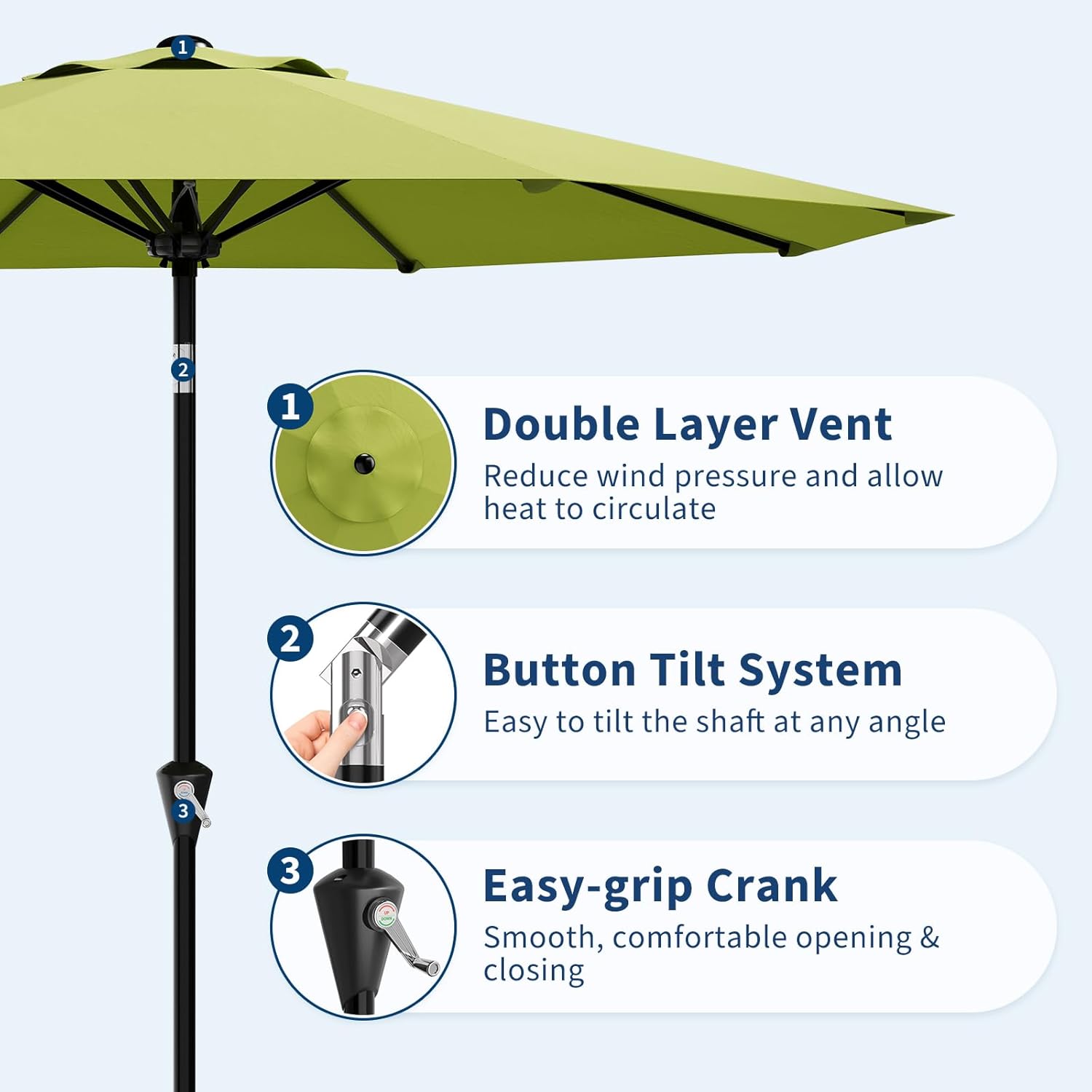 9FT Round Patio Umbrella with Crank Lift – Center Pole Outdoor Umbrella, Iron Frame with Powder Coated Brown Finish, Heavy Duty Cantilever Style Deck Garden Shade, Easy Open Close