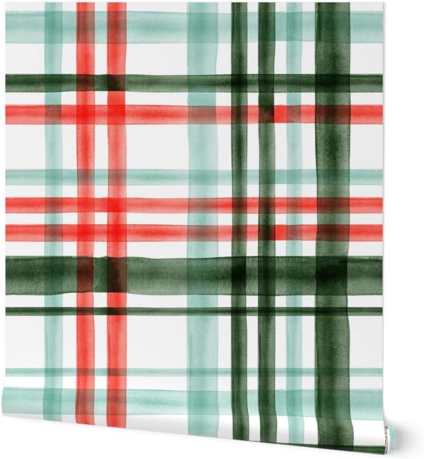 Spoonflower Peel & Stick Wallpaper 3ft x 2ft - Christmas Watercolor Plaid Mint Green Red Traditional Winter Season Custom Removable Wallpaper