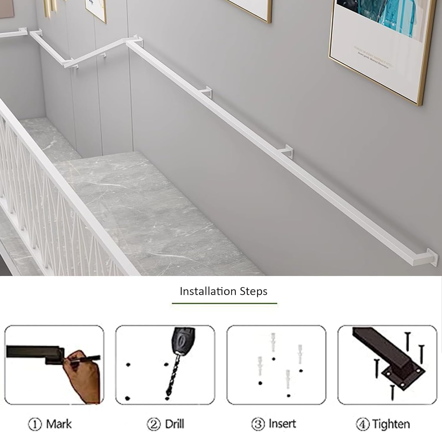 Handrail for Stairs, White Square Stair Railing Support Kit Wall Mount Staircase Bannister Hand Rails Non-Slip Grab Bar Indoor Outdoor Loft Steps (Size : 6 FT)