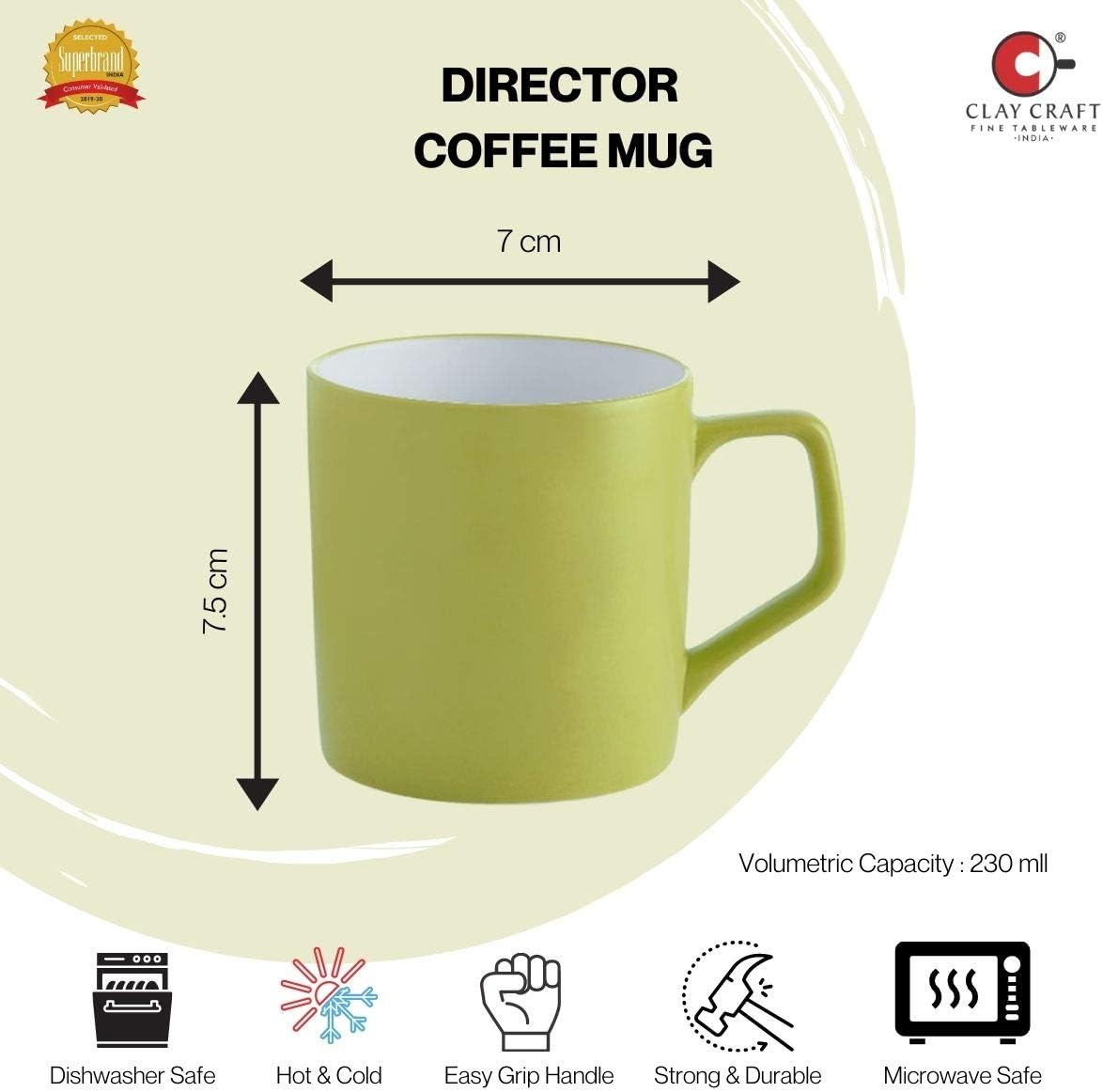 Clay Craft Fine Ceramic Green Solid Coffee/Tea Mugs Set of 4