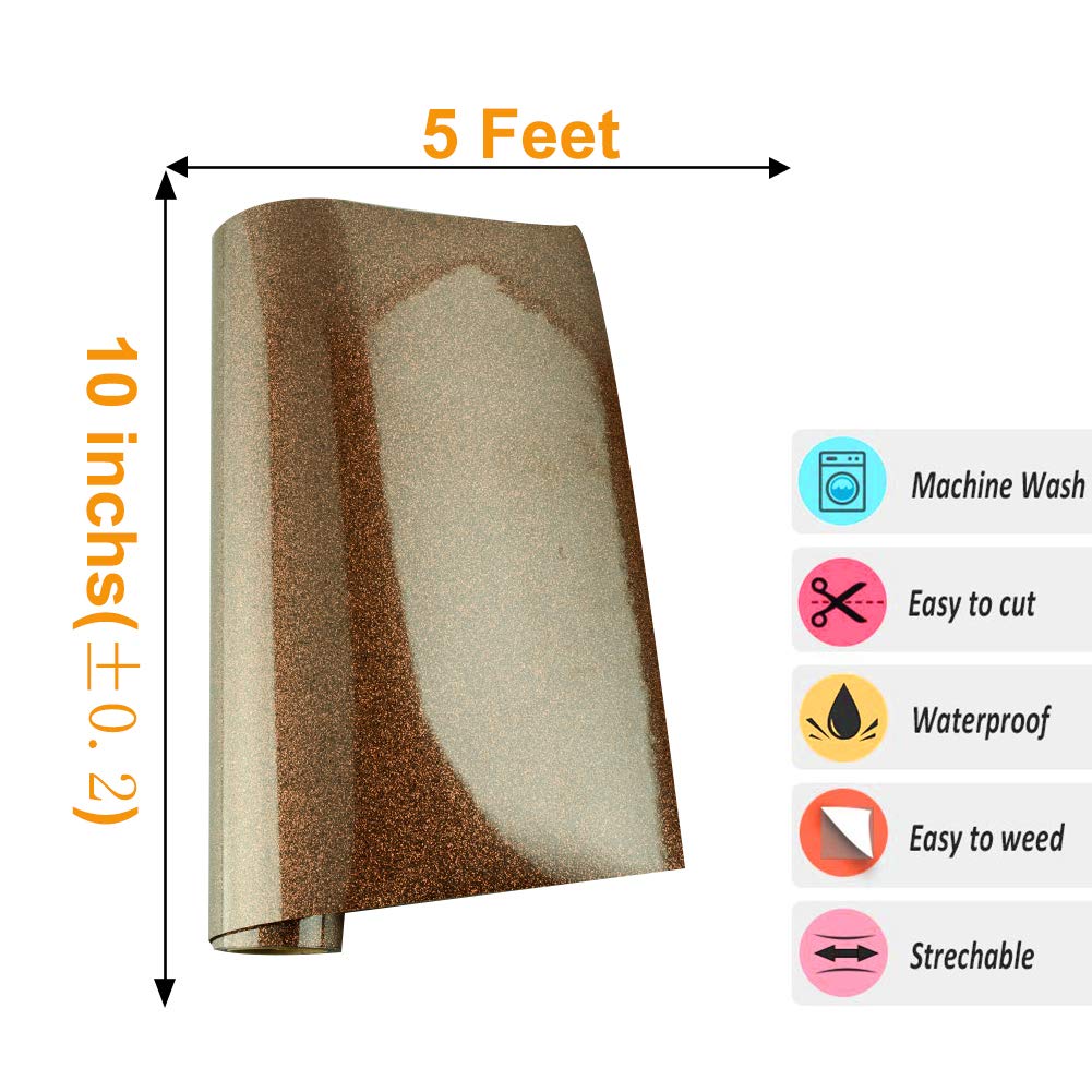 Glitter HTV Iron on Vinyl 10inch x 5feet Roll for Silhouette and Cricut Easy to Cut & Weed Heat Transfer Vinyl DIY Heat Press Design for T-Shirts (Brown)
