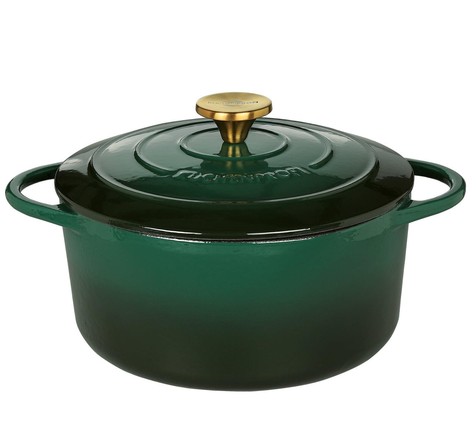 Küchenprofi Cast Iron Roasting Dish with Lid, Green/Black Inside, 24 cm, Dutch Oven, Bread Baking Pot, Enamelled, for All Types of Cookers (including Induction), for Braising, Baking, Roasting