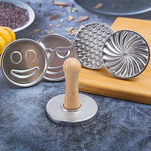 Oppein Heirloom Cookie Stamps Set Of 6, 3-Inch Round, Aluminum Press Mold For Baking Cookies And Pastry, Geometry Citrus And Emoji Cookie Stamps With Natural Hardwood Handle Gift Package. #TOP4