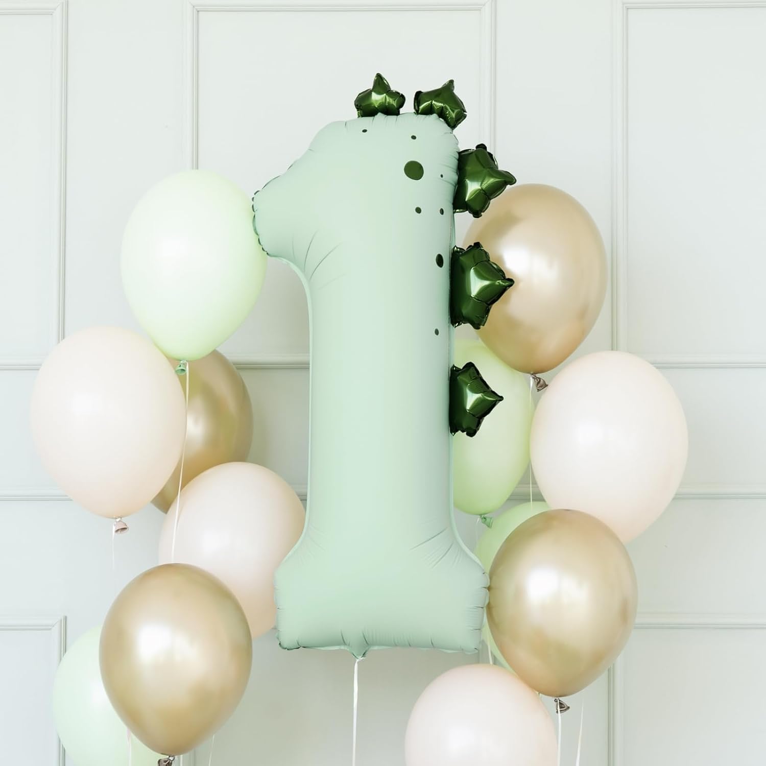 Dinosaur Theme Number 1 Foil Balloon, Mint Green, 92cm Large Size, Self-Sealing with Straw and Hooks, Air and Helium Compatible Party Decoration
