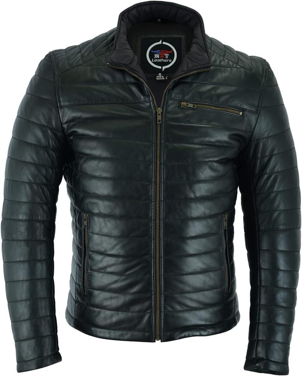 Leathers Men's Classic Down Bomber Leather Jacket-Original Lambskin Leather– Leather Motorcycle Jacket Men-Christmas Gift