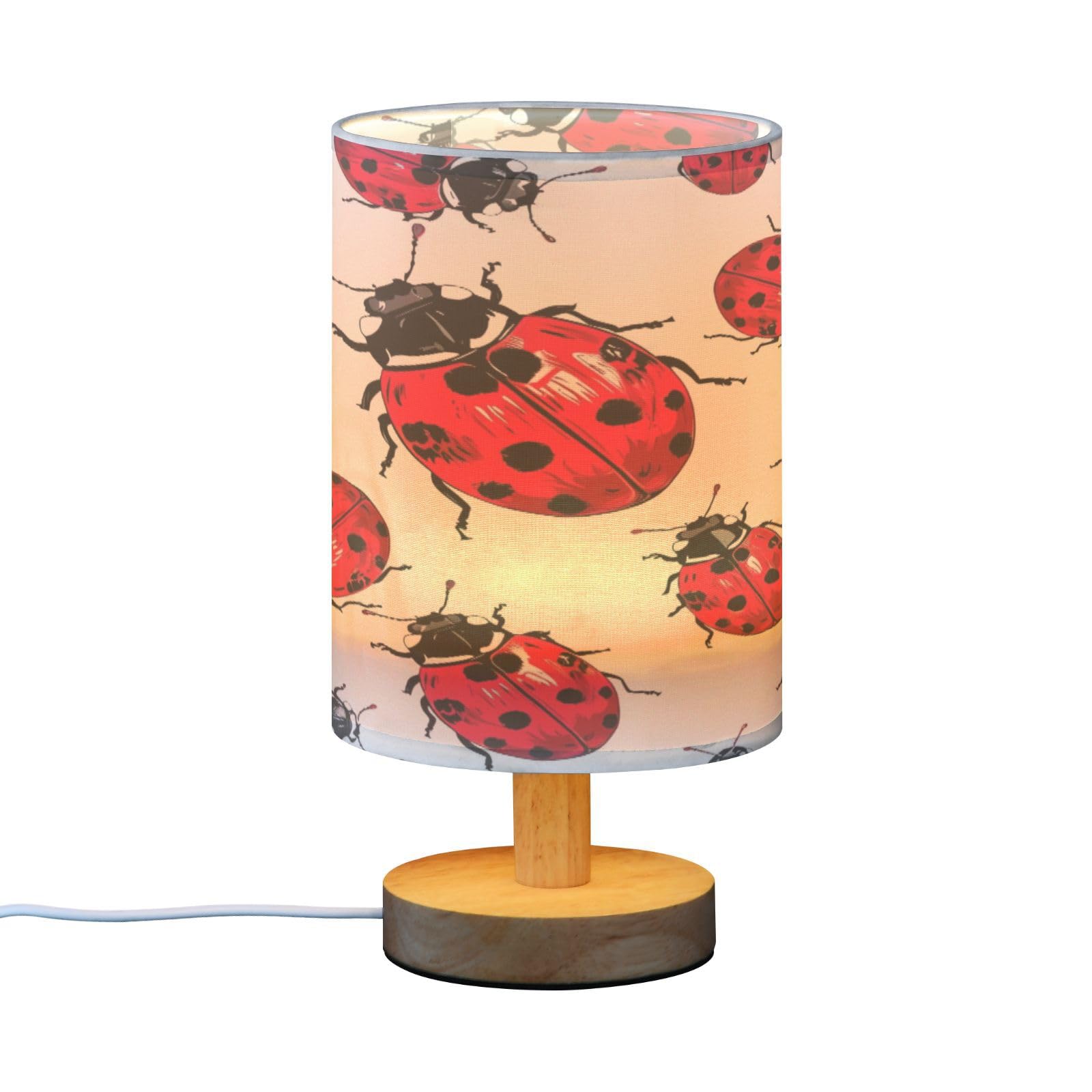 SDMKA Lady Bug Pattern Bedside Table Lamp for Bedroom, Minimalist Nightstand Lamp with Round Fabric Shade for Living Room, Office, No Bulb Required
