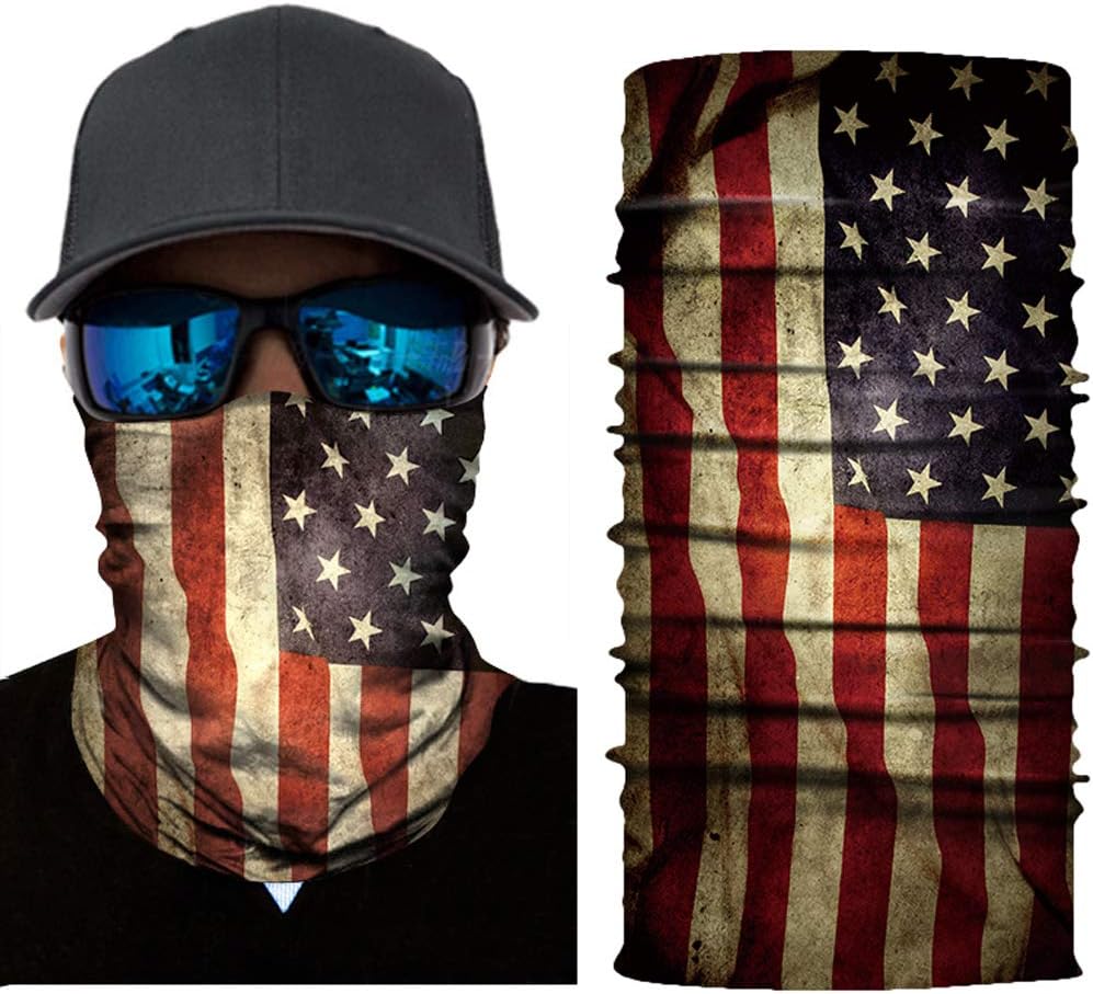 Neck Gaiter Face Mask, 3D Tube Seamless Durable USA Flag Skeleton Face Mask for Men Washable Bandana Sun Dust Protection Cover Balaclava Scarf Shield