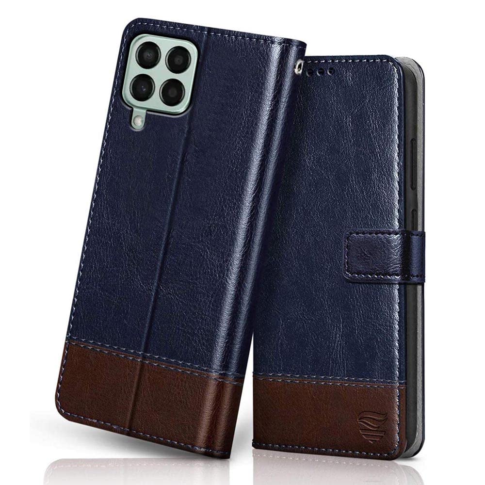 FLIPPED Vegan Leather Flip Case Back Cover for Samsung Galaxy M33 5G (Flexible, Shock Proof | Hand Stitched Leather Finish | Card Pockets Wallet & Stand | Blue with Brown) (B09X1N2S8Q) Amazon Price History, Amazon Price Tracker