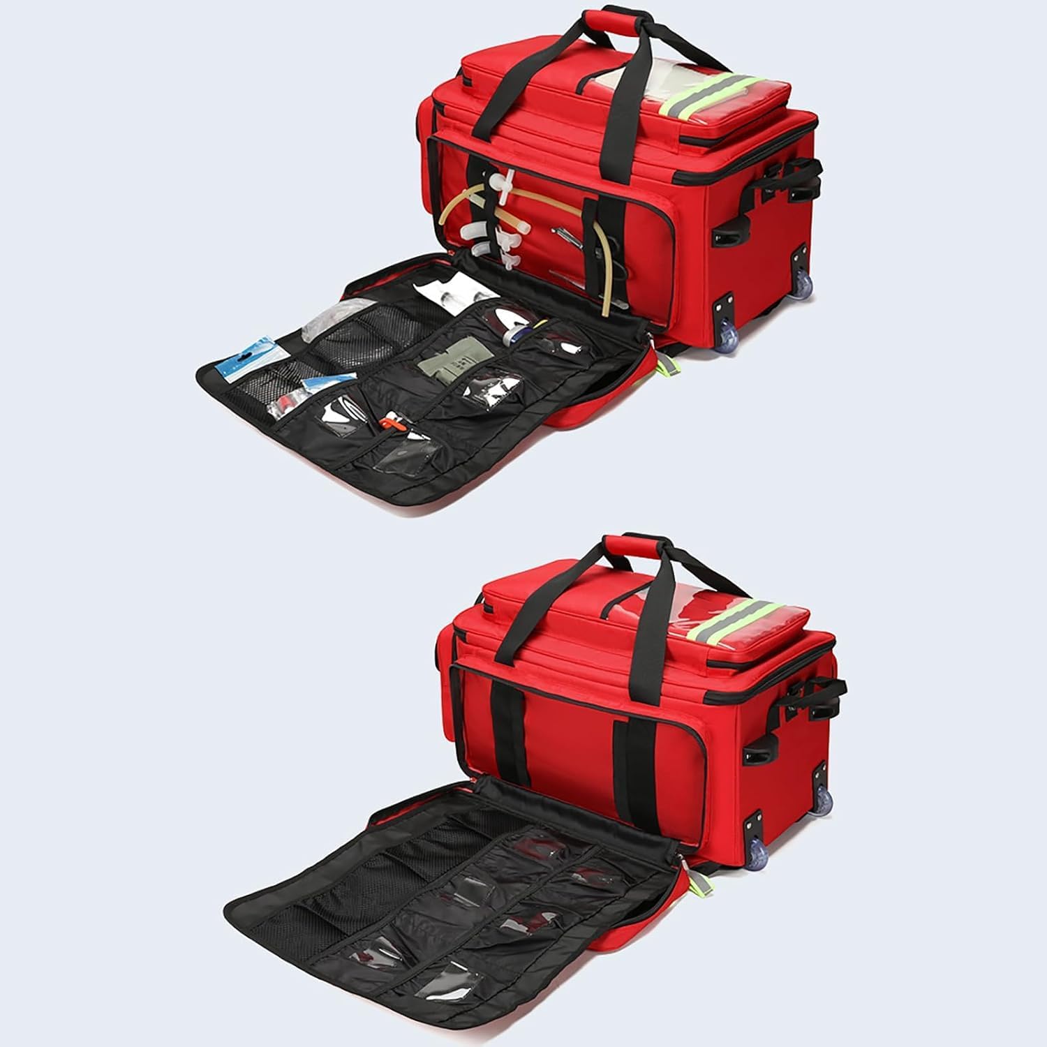Emergency Responder Trauma Bag, First Aid Backpack Empty with Tie Rod, Wheels and Straps, Safe Night Reflective Strip Design and Oxford Cloth Material, for Hiking, Travel, Marine(Blue)