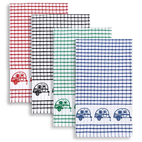 Cackleberry Home Retro Camper Fensterscheibe kariert Baumwolle Frottee Küchentücher Set von 4 sortiert