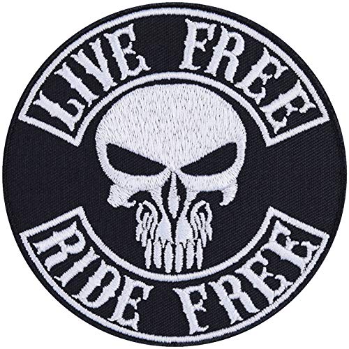 Biker Aufnäher bestickt 'Live free - Ride free' Aufbügler/Patch zum annähen | Jeans Flicken/Bügelbilder Motorrad Applikation für Leder und Motorradzubehör | 90x90mm