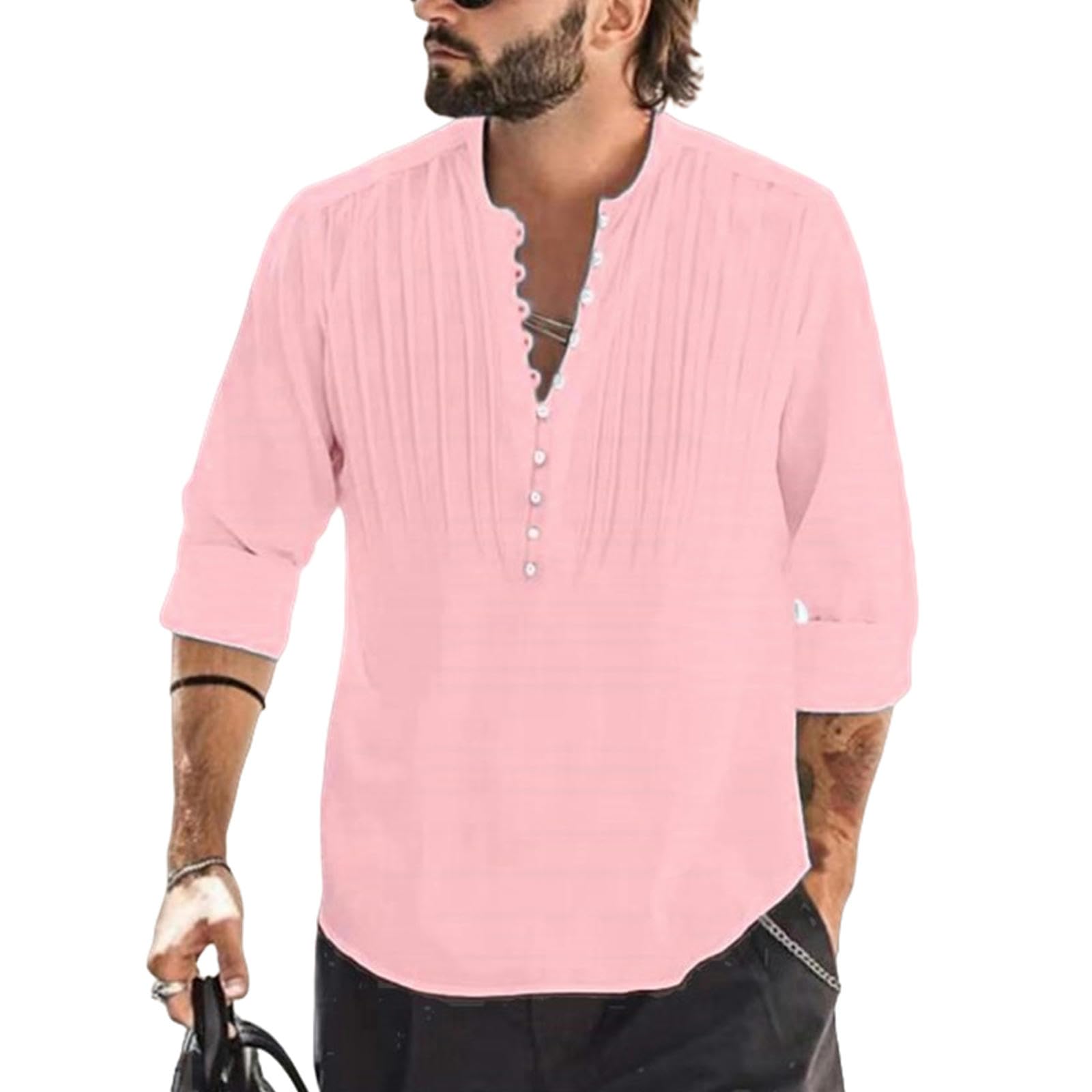 Uomo Maglia a Maniche Lunghe in Cotone Camicia Casual di Lino di Cotone della Camicetta da Uomo Loose-Cxcs-Blu-XXXL(Bust142Cm)
