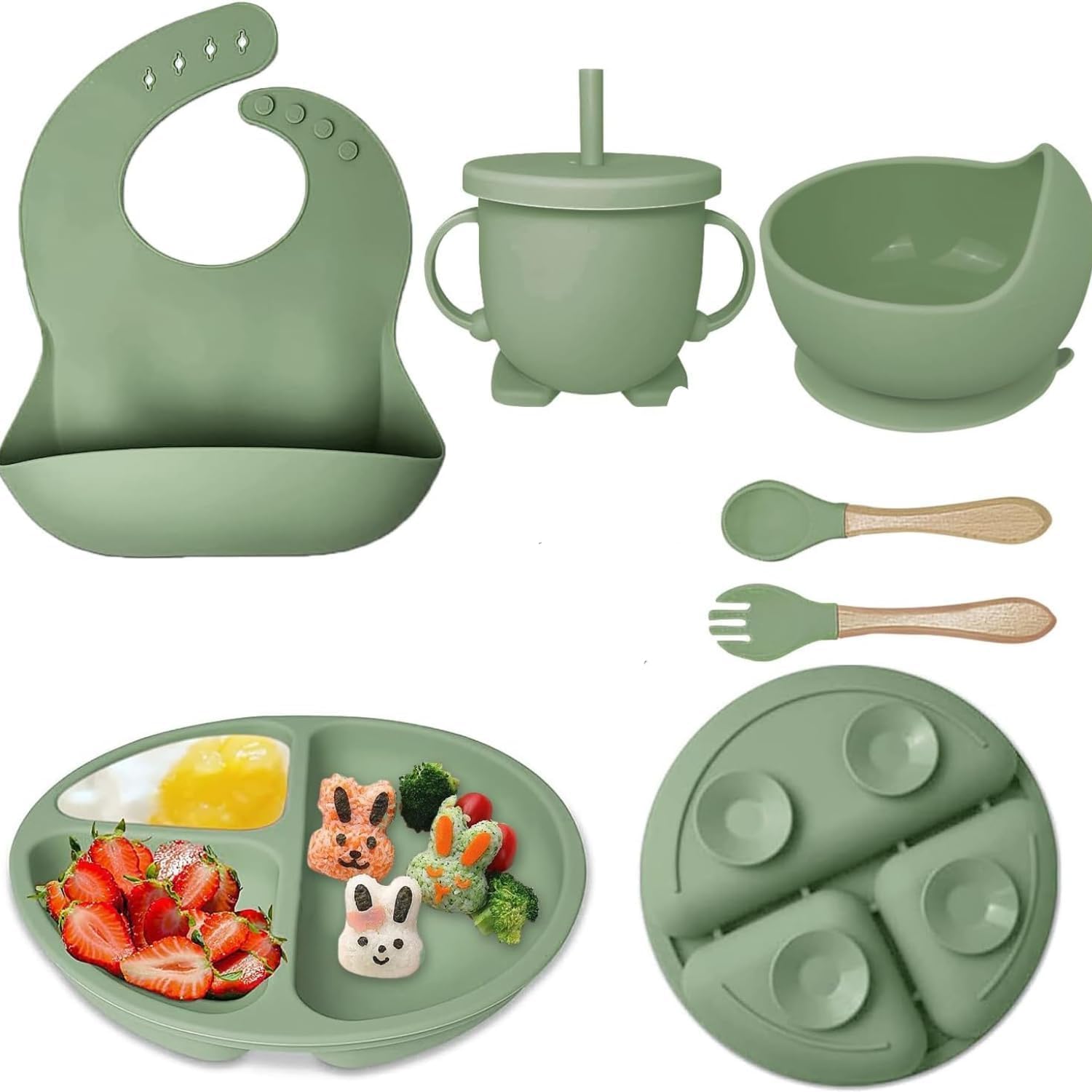 6-Piece Silicone Baby Feeding Set, BPA-Free & Microwave-Safe | Anti-Slip Tableware Kit with Suction Plate, Bowl, Training Cup, Fork, Spoon & Bib – Multi-Color Essentials for Babies & Toddlers-image-7