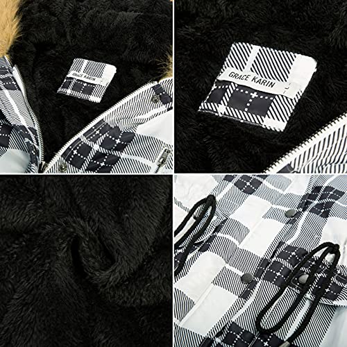 Grace Karin Women's Winter Hooded Coat Fleece Drawstring Parka Jacket Black-White Plaid S #TOP4