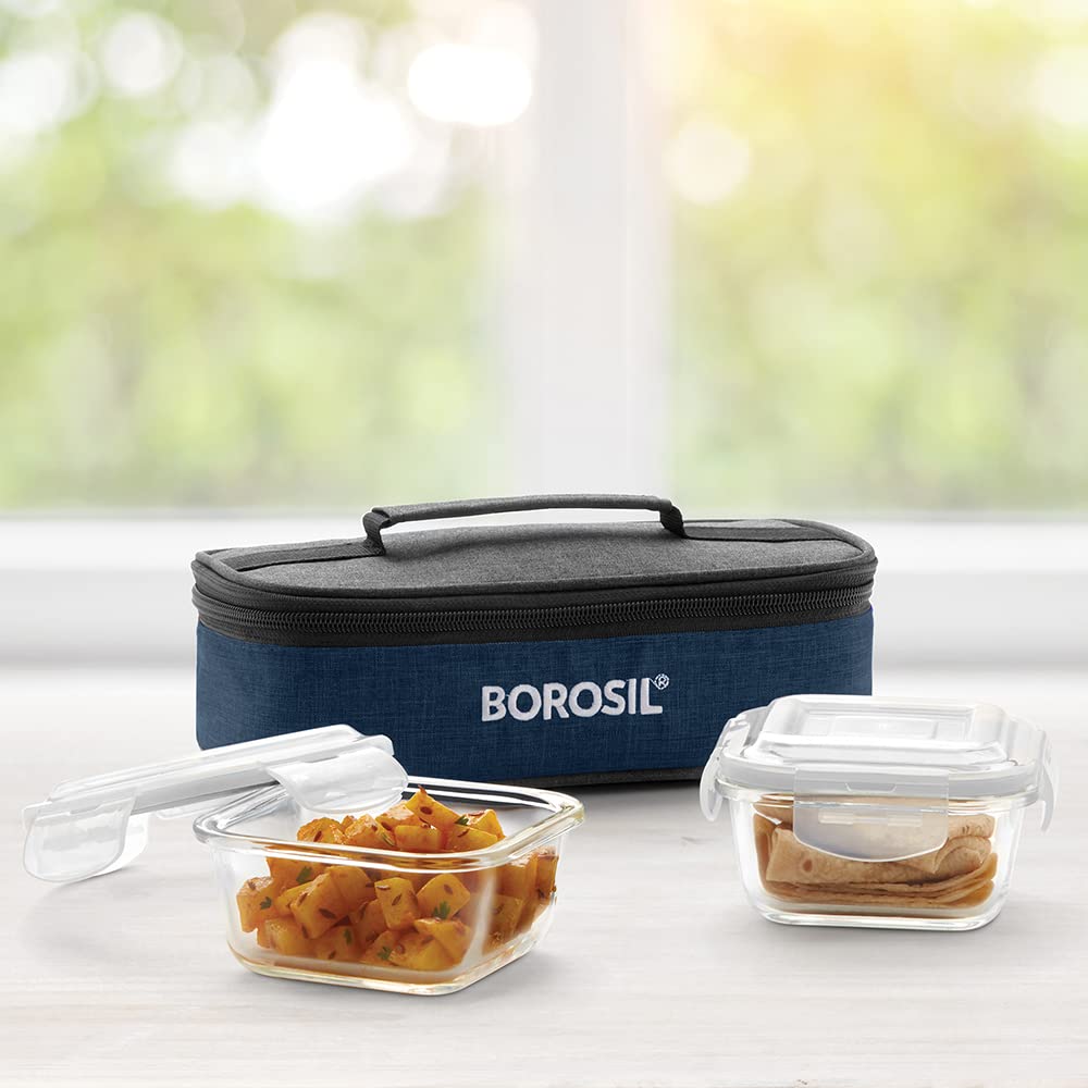 Borosil Elite Lunchbox with Bag | Set of 2 Square Container (320ml Each) | Made in India Borosilicate Glass | Microwave & Dishwasher Safe, Leakproof | Tiffin for Office/School/College | Horizontal - Image 2 thumbnail