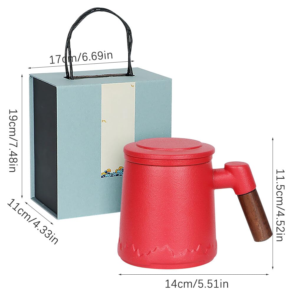 Teetasse mit Deckel und Sieb, 400 ml Teetasse mit Sieb, Teetassen mit Tee Sieb, Keramik-Teetassen mit Holzgriffen Eignen Sich zum Verschenken, Exquisite Geschenkboxen, (Rot, 400ml)