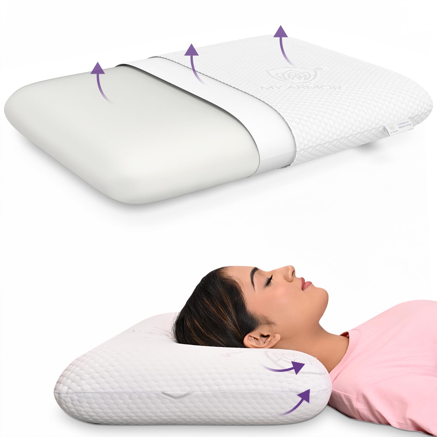 MY ARMOR Memory Foam Pillow for Neck & Shoulder Pain with Washable Zipper Cover | 2 Years Warranty | Standard Size - 4 Inch Height - Pack of 1