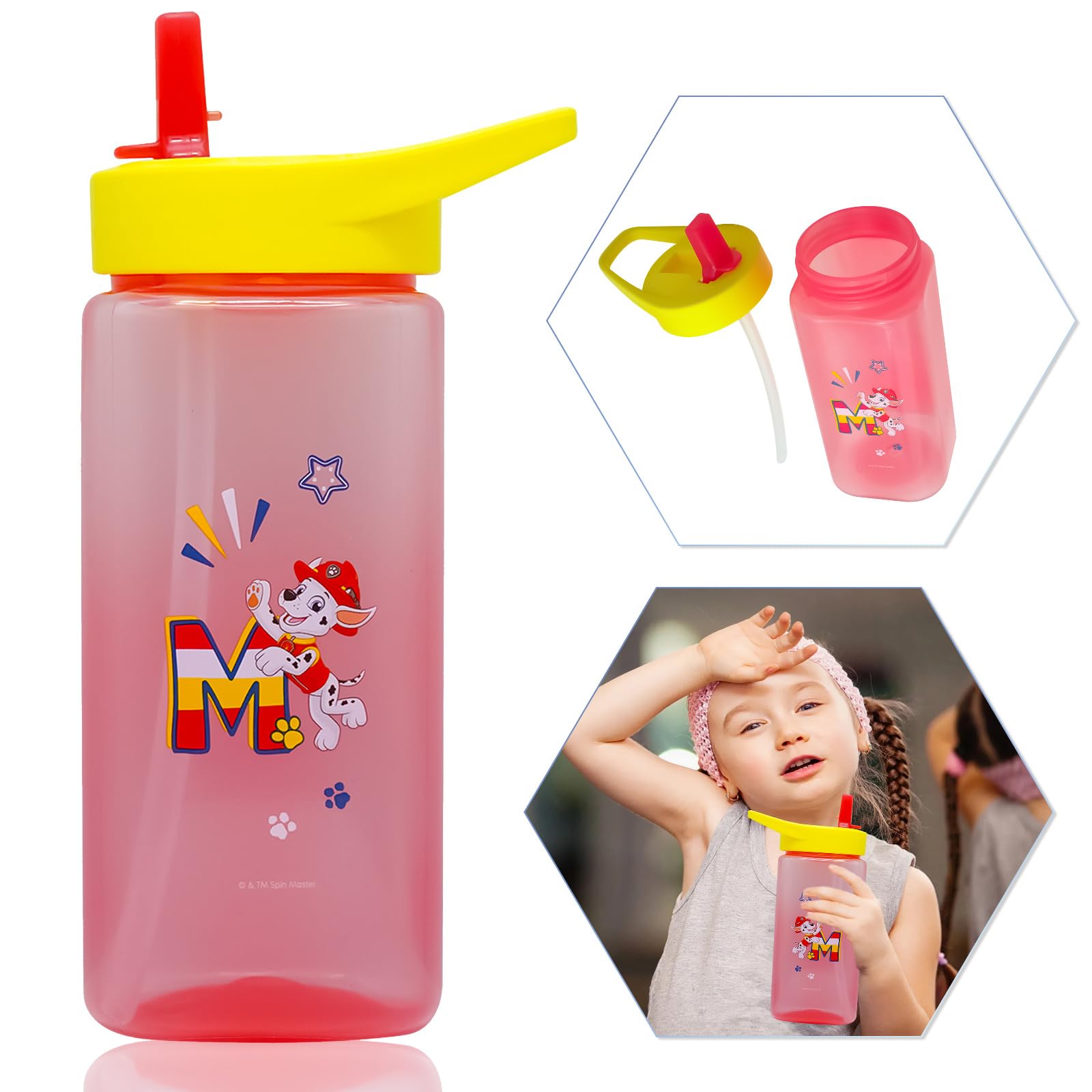 Hovuk 1X Marshall Paw Patrol Straw Sippers Printed With Marshall, 420Ml Red Colour Plastic Water Bottle, Pop-Up Silicone Straw, Bpa-Free For Kids 6+ Months