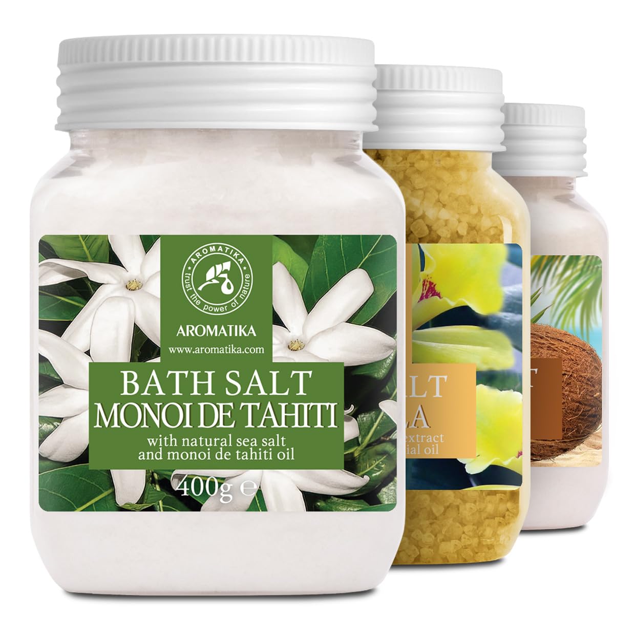 Set Sali da Bagno con 3x400g di Monoi de Tahiti - Vanilla - Cocco - Naturale al 100% - Ideale per Dormire Bene - Antistress - Bagno - Cura del Corpo - Benessere - Bellezza - Rilassamento - Spa