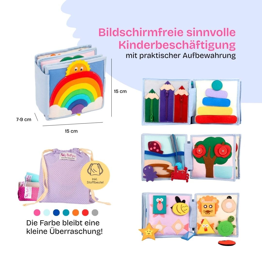 Jolly Designs – Mini Quiet Book Sonnenschein – Montessori Spielzeug ab 18 Monaten – Motorik & Kreativität fördern – Busy Book aus Filz – Handgefertigtes Filzbuch – Perfekt für unterwegs & Reisen