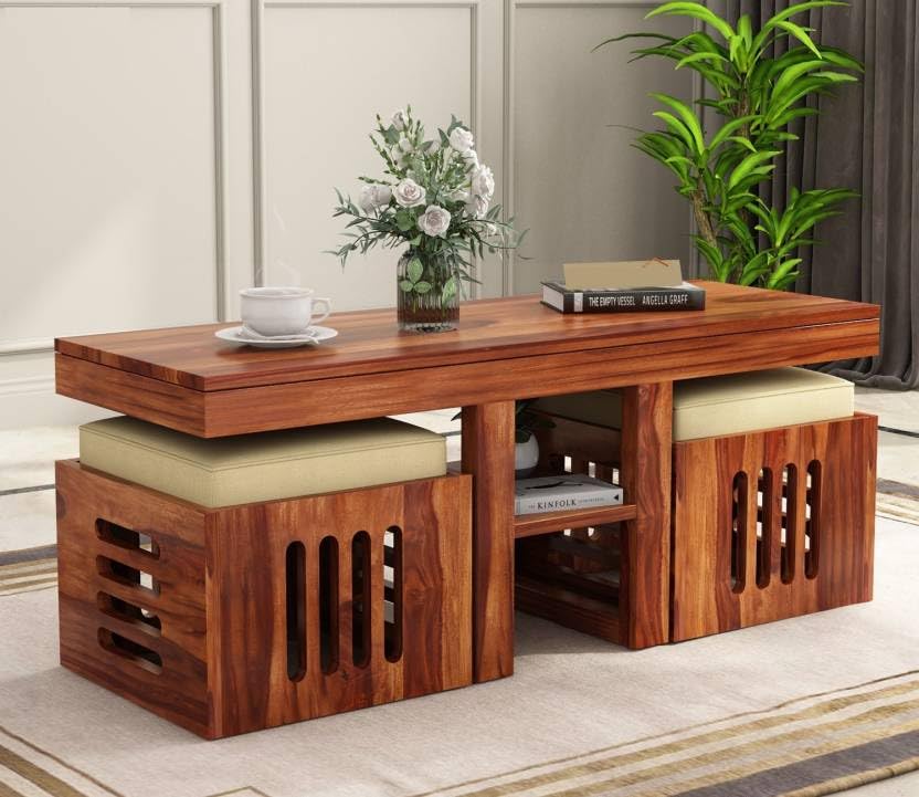 Image of Solid Sheesham Wood Coffee Table for Living Room |Wooden Rectangle Coffee /Tea Table with 2 Cushioned Stools Center table with Storage Teapoye for Home, Living Room, Balcony, Natural Honey