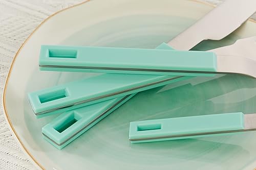 Miniatura 7 de ANNOVA Juego de cubiertos de acero inoxidable con mango de bloque de color, 4 cuchillos, 4 tenedores de cena, 4 tenedores de cena, 4 tenedores de