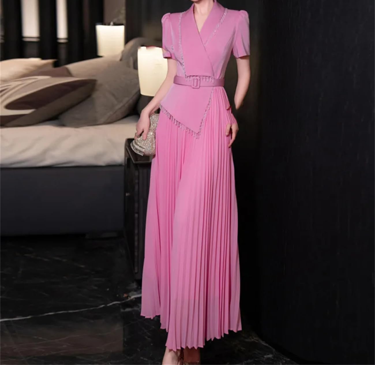Yeuyyben Moda pieghe irregolare vestito donna girare giù collare manica corta cintura abiti