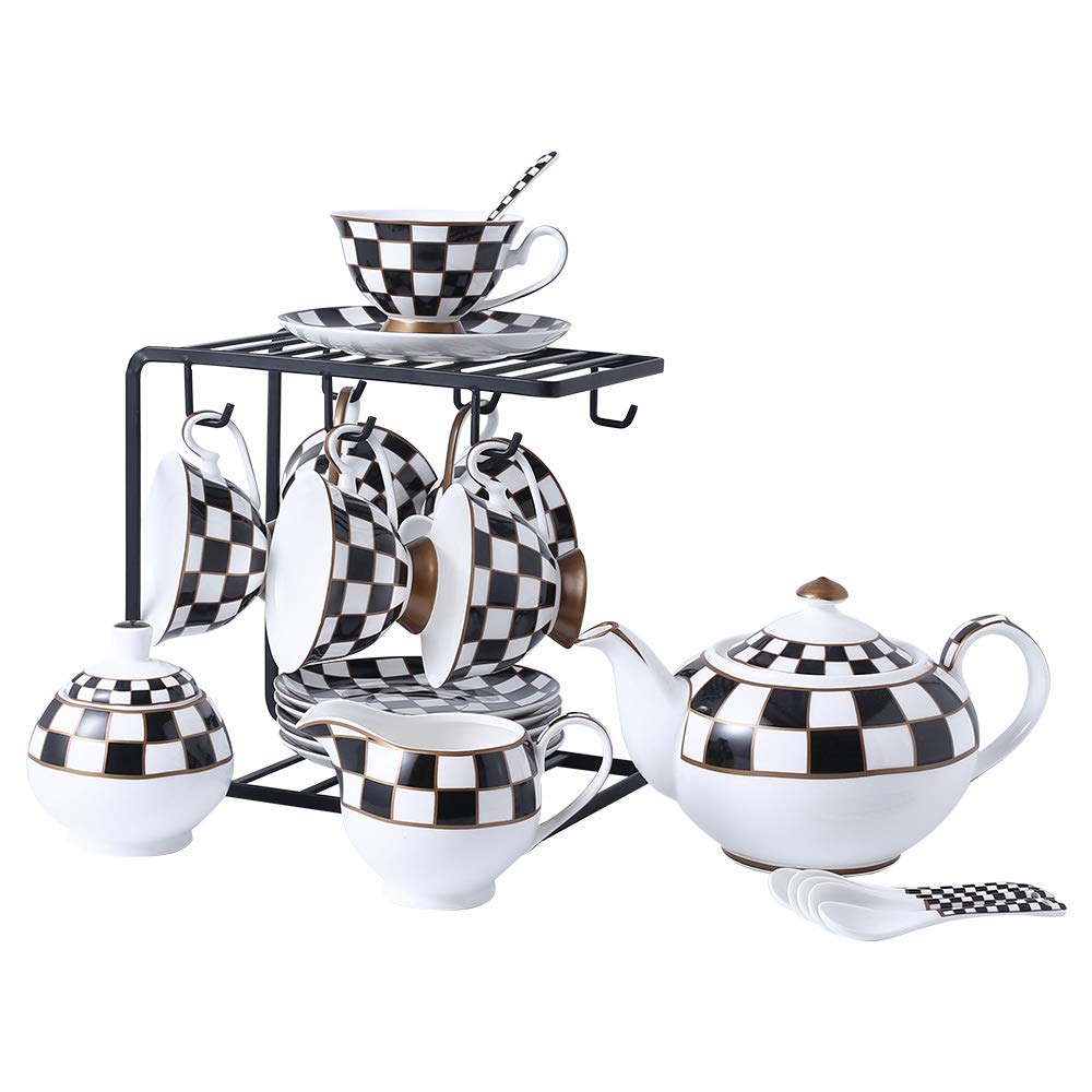 Porlien Checker Pattern 17-Piece Tea Set for 6 with Teapot, 5-ounce Teacups and Saucers, Milk Jug & Sugar Bowl（Without Rack)