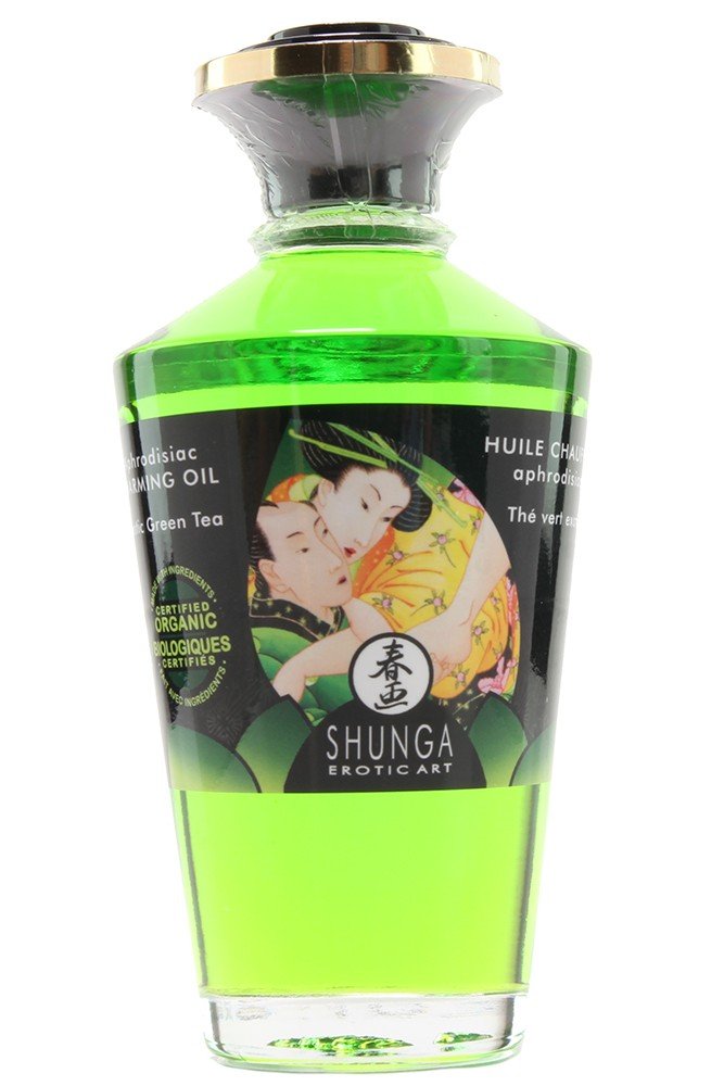 Shunga Huile de Massage Thé Vert Chauffante Comestible Bio, Vert, 100 ml, 1 Unité