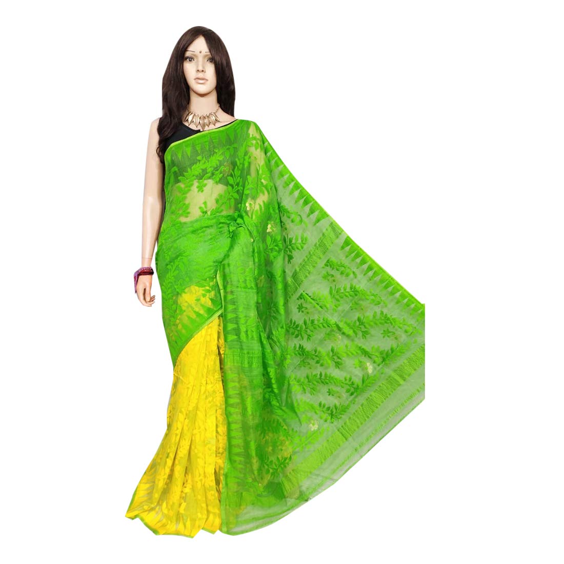 ETHNIC EMPORIUMGreen Yellow Half n Half Soft Dhakai Jamdani Puja Festival Formal Saree Indian Ethnic Women Sari Self Work Zari Bengal 525