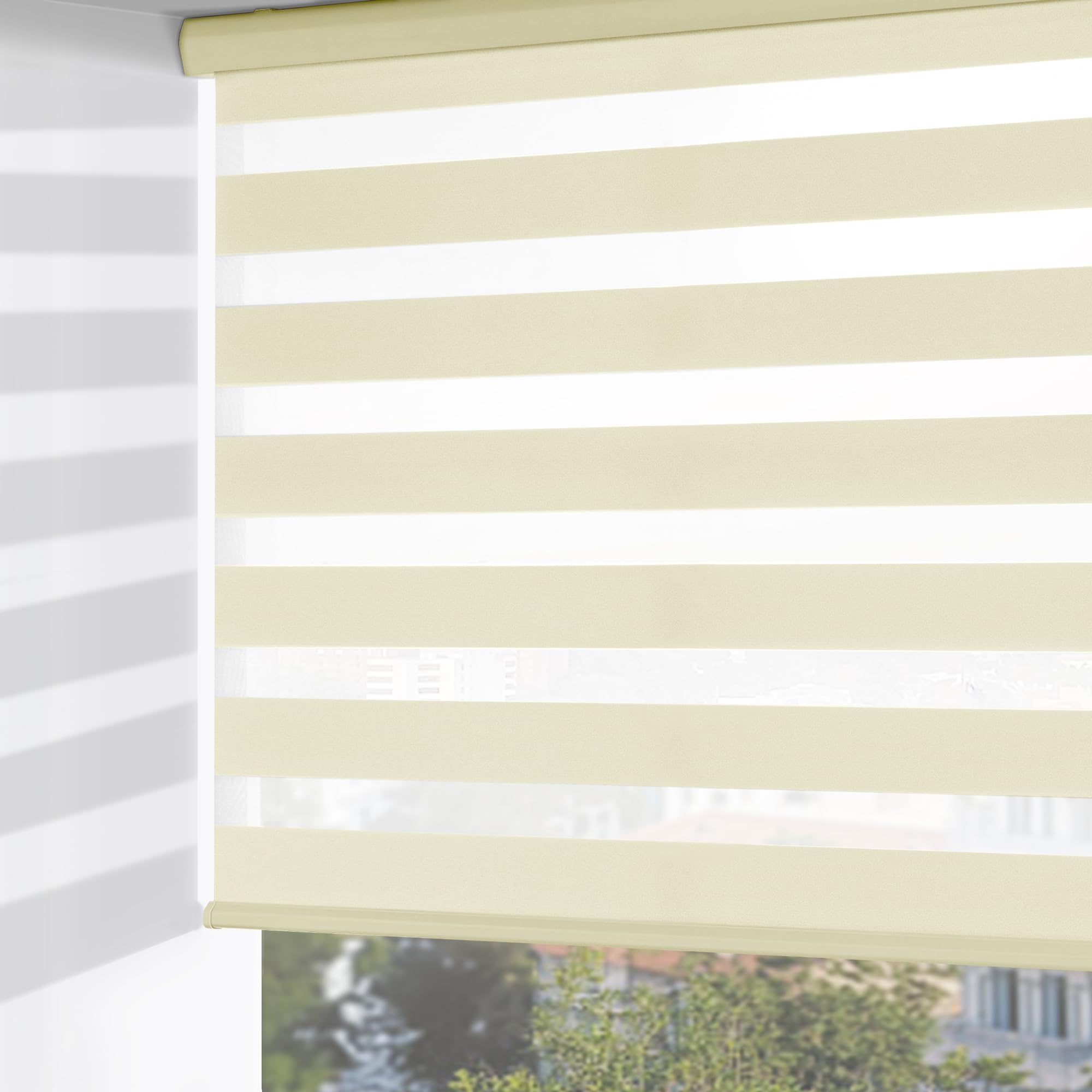 ChrisDowa Cordless Zebra Blinds for Windows, Dual Layer Free-Stop Light Filtering Window Roller Shades, Pull Down Privacy Zebra Shades for Home, Office, Bedroom, Door (65" W x 72" H, Beige)