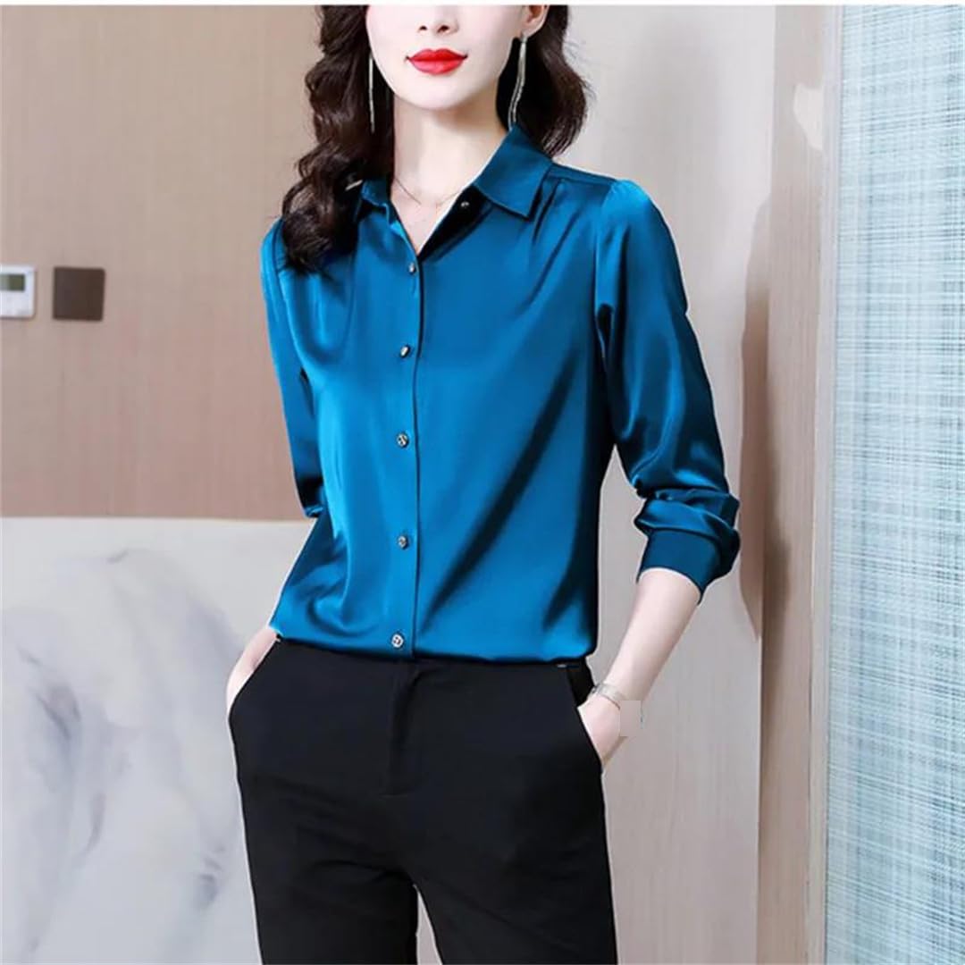 Camisa de seda para mujer, vintage, sólida, para mujer, con botones de metal, manga larga, camisas básicas para mujer