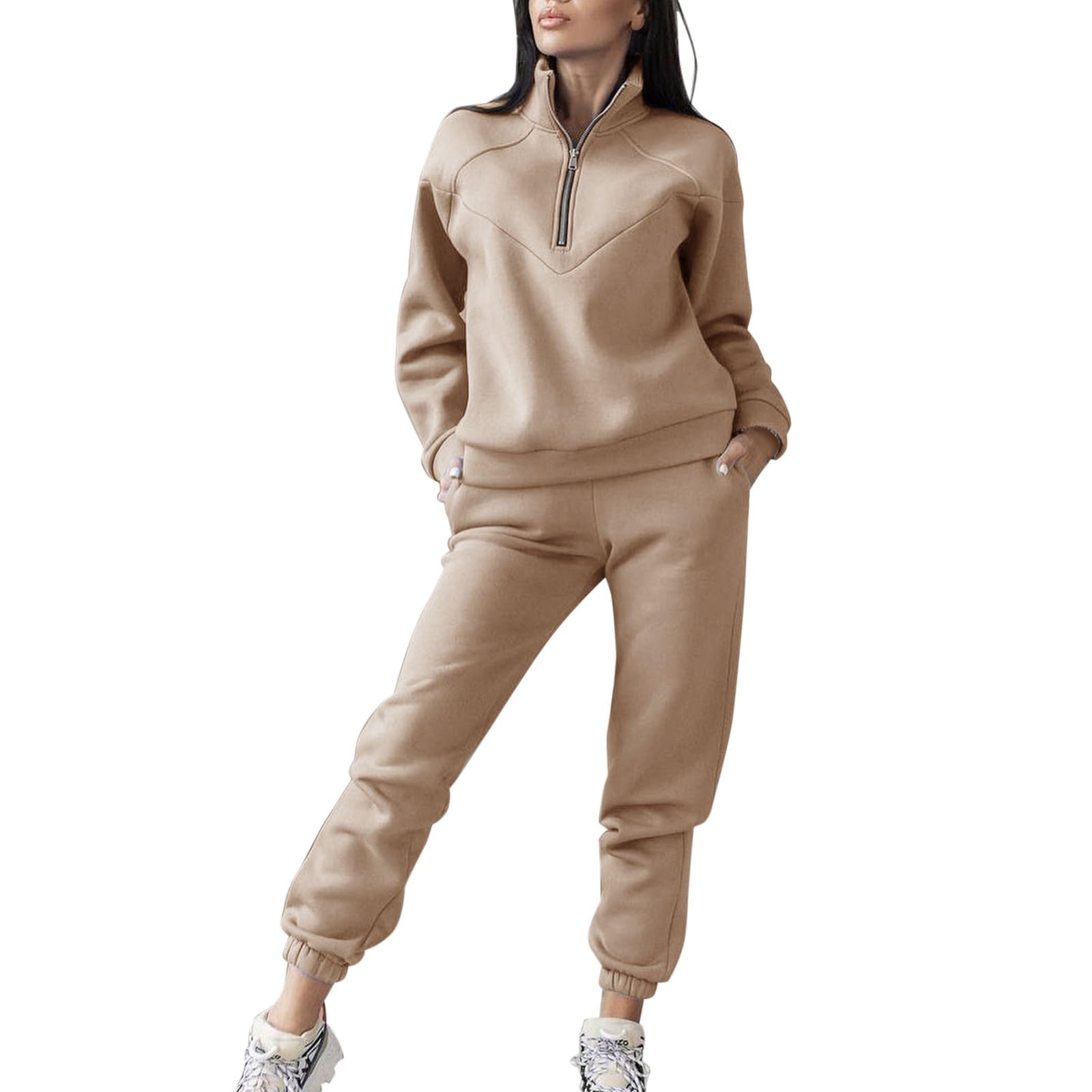 Tuta da donna, sportiva, elegante, 2 pezzi, per il tempo libero, con cappuccio | Tuta sportiva per fitness, escursionismo, tuta da jogging con mezza zip e pantaloni lunghi, 2 pezzi, per autunno e inverno