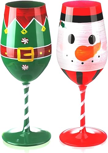 Umigy Juego de 2 copas de vino de Navidad de 16 onzas, cinturón festivo de Papá Noel y muñeco de nieve, copas de vino con tallo pintado de Navidad