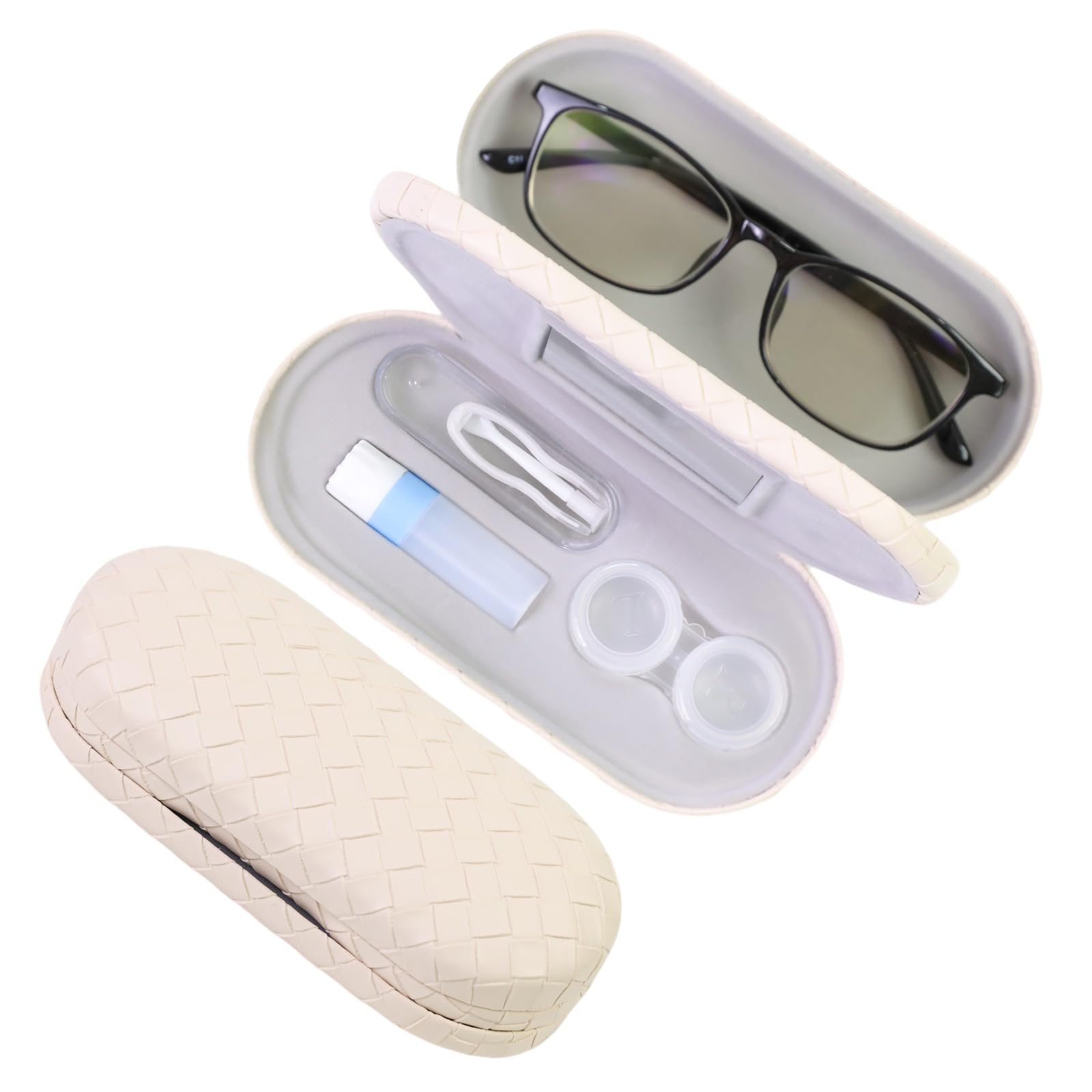 FlyingMage 2 in 1 Contact Lens Case and Eyeglasses Case for Women Men Kids, Double Sided Hard Shell Portable Glasses Travel Holder with Built-in Mirror, Contact Lens Box Storage Kit, White