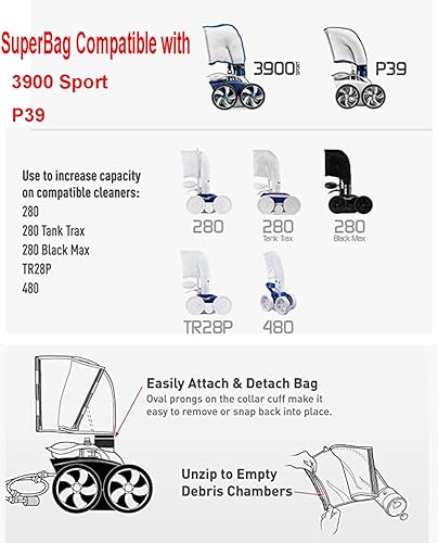 Miniatura 9 de ATIE 3900 Sport P39 Limpiador de piscina de doble cámara multiusos SuperBag 39-310 con cremallera Enlosure Reemplazo compatible con 3900 Sport y P39