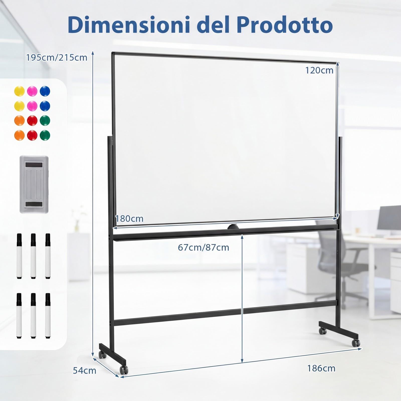 COSTWAY Lavagna Bianca Mobile, Lavagna Magnetica Cancellabile Doppia Faccia con Cavalletto, 2 Altezze Regolabili e Ruote Bloccabili (186 x 54 x 195/215 cm,Nero)