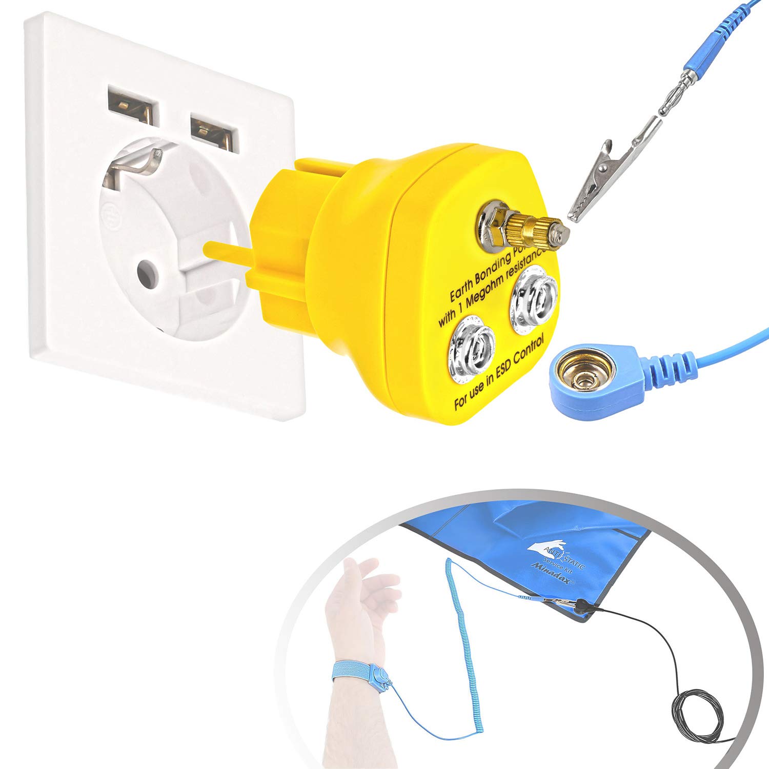 Erdungsbaustein + Manschette mit 2,40m Verlängerung EBP - Innovativer ESD Antistatik Erdungsstecker Schutzkontaktstecker - 1 x M5 und 2 x Druckknopfbuchse - 1 Megaohm Sicherheitswiderstand